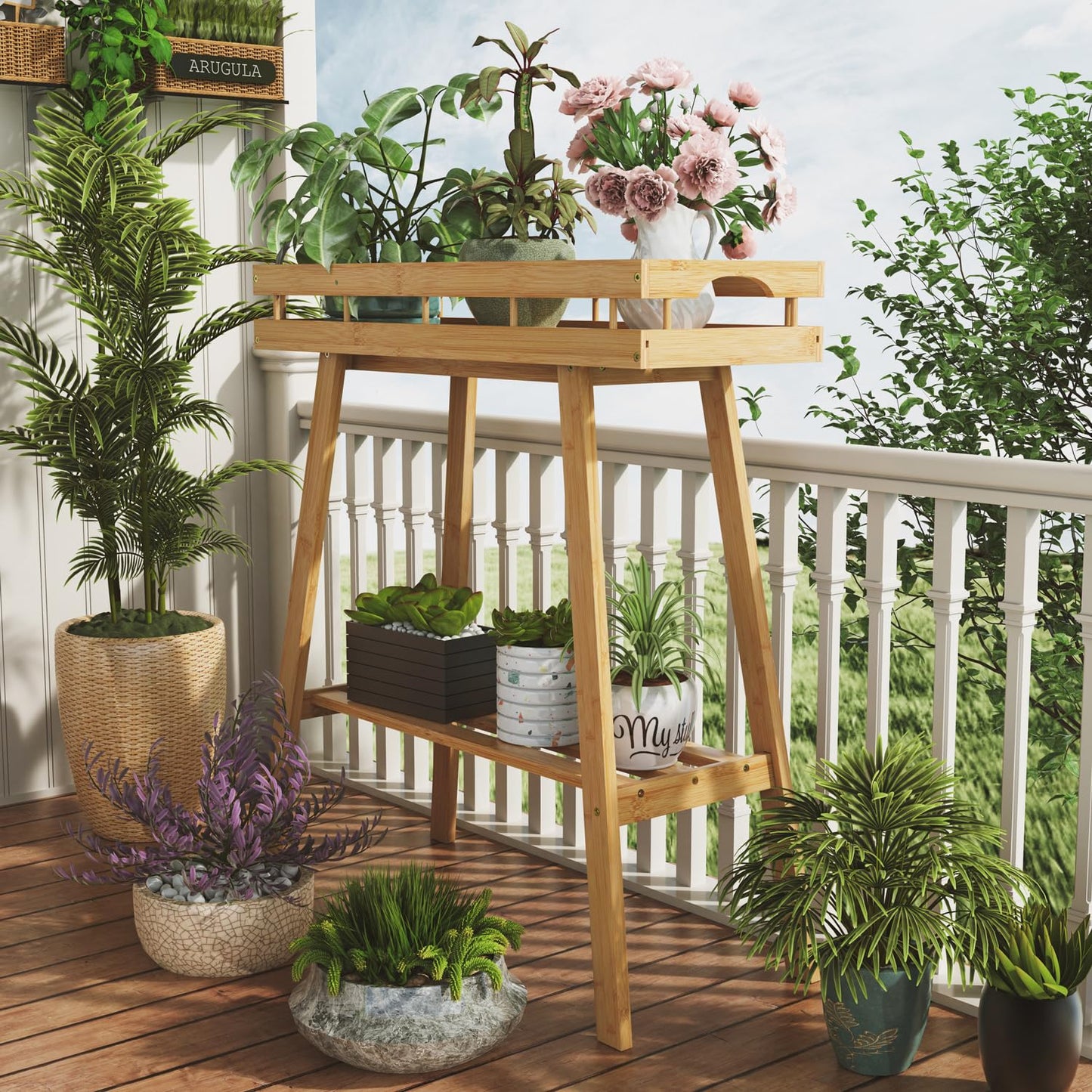 BAMBOOHOMIE Bamboo Plant Stand Indoor, 2 Tier Plant Table for Indoor Outdoor Plants, Window Tall Plant Bench Shelf Flower Pot Holder for Living Room Patio Balcony