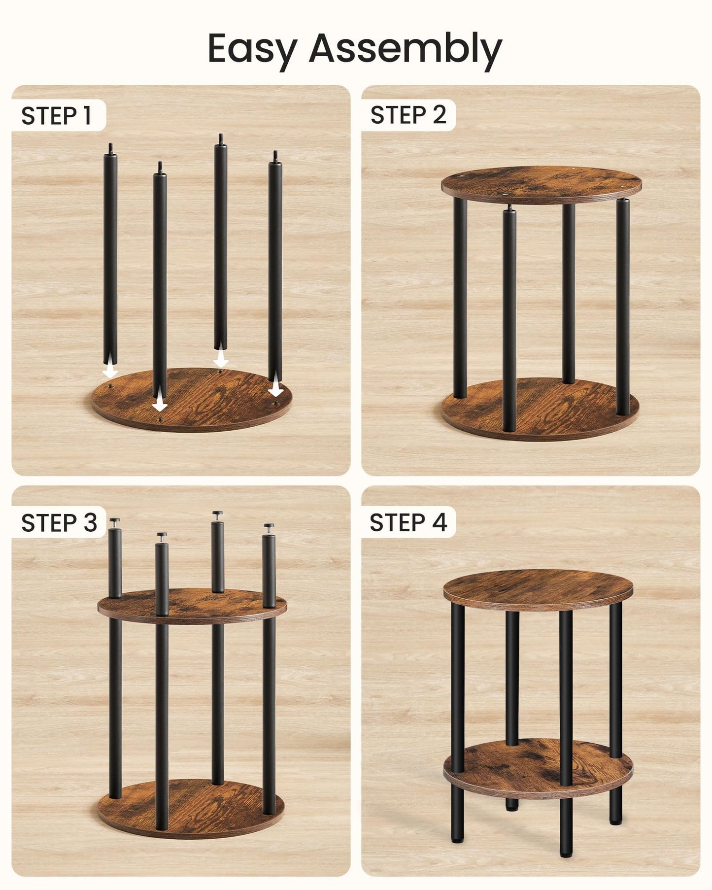 CHOEZON Round Side Table, 2-Tier End Table, Small Round Nightstand with Sturdy Metal Tube, Industrial Coffee Table, for Living Room, Bedroom, Rustic Brown and Black TBZ01BF