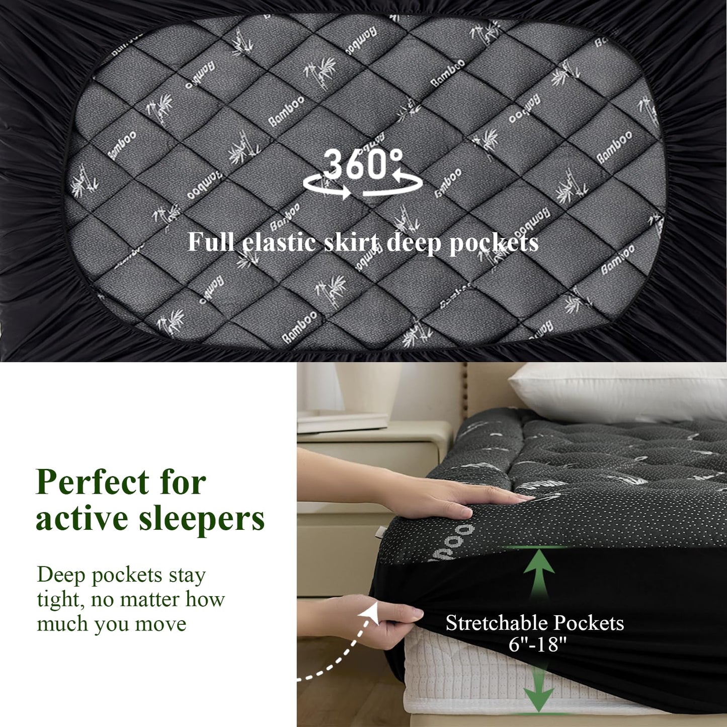 KRIMANO Full Mattress Topper, Viscose Derived from Bamboo Thick Pillow Top Mattress Pad with Deep Pocket, Naturally Cooling for Hot Sleepers, Soft for Back Pain Relief, Premium Dark Grey