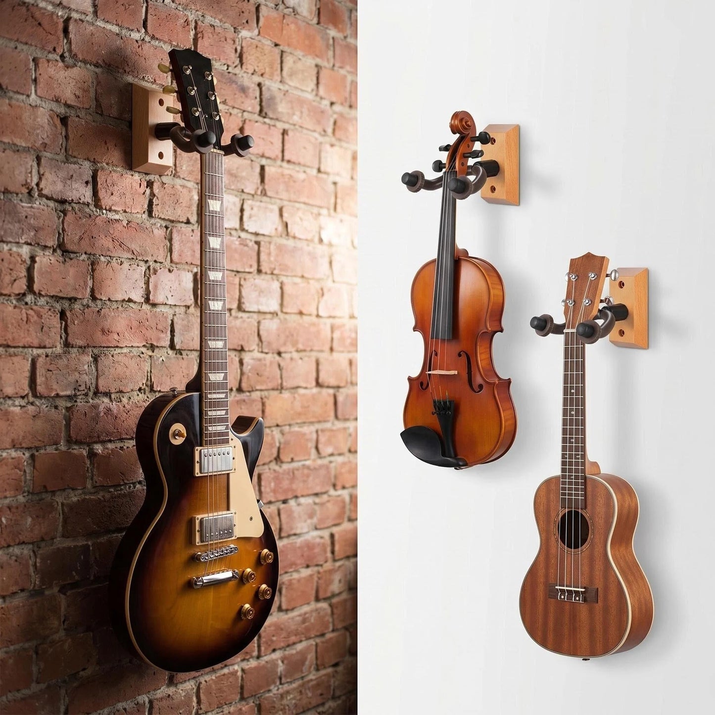 Guitar Wall Mount Hanger 6 Pack, Hardwood Guitar Hanger Wall Hook Holder Stand Display with Screws - Easy to Install - Fits All Size Guitars, Bass, Mandolin, Banjo, Ukulele