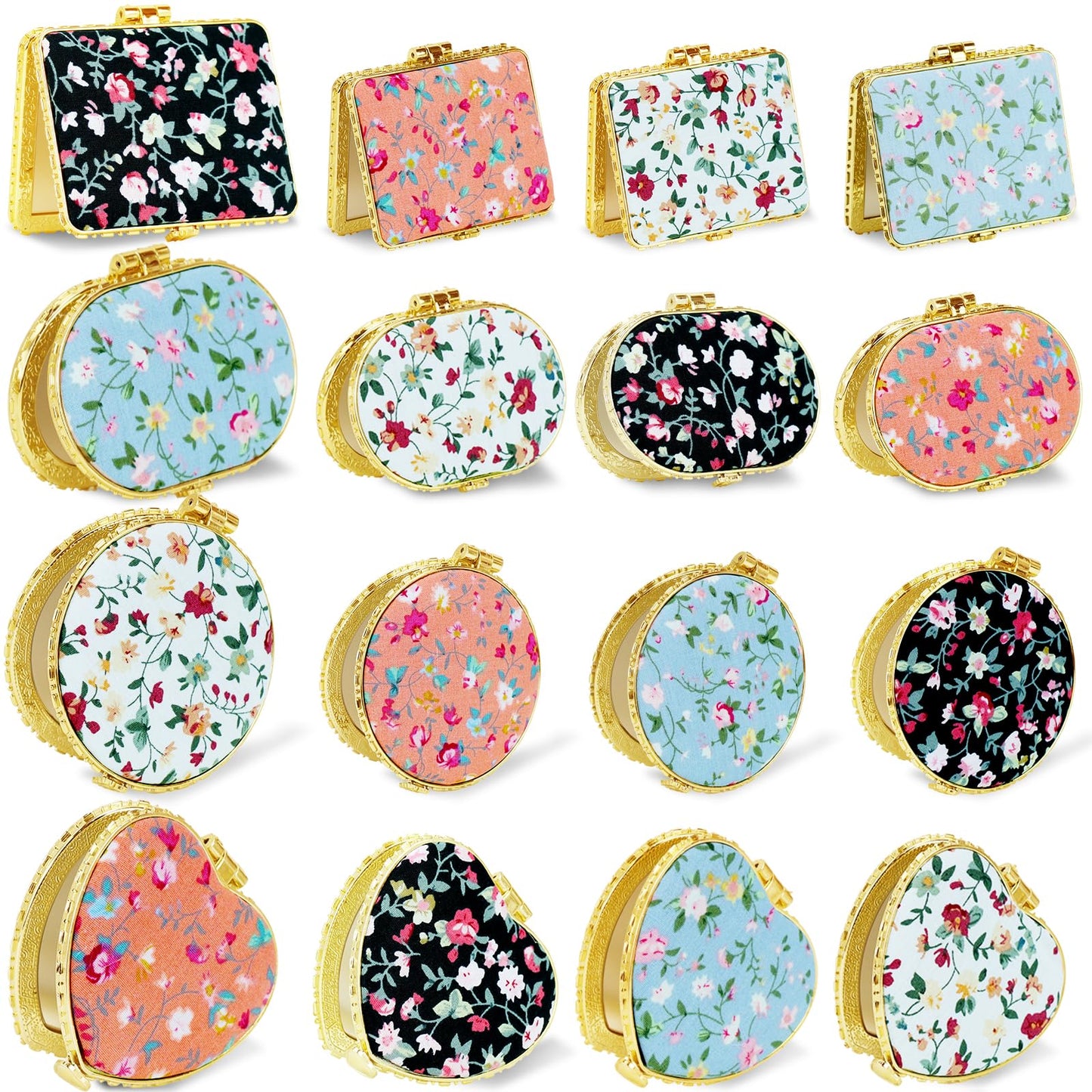 32 Pcs Compact Mirror Bulk for Purse, Portable Elegant Mini Flower Pocket Mirror, Folding Floral Retro Mirror for Women Makeup Travel Wedding Party Gifts (Gold Edge)