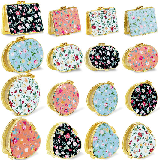 32 Pcs Compact Mirror Bulk for Purse, Portable Elegant Mini Flower Pocket Mirror, Folding Floral Retro Mirror for Women Makeup Travel Wedding Party Gifts (Gold Edge)