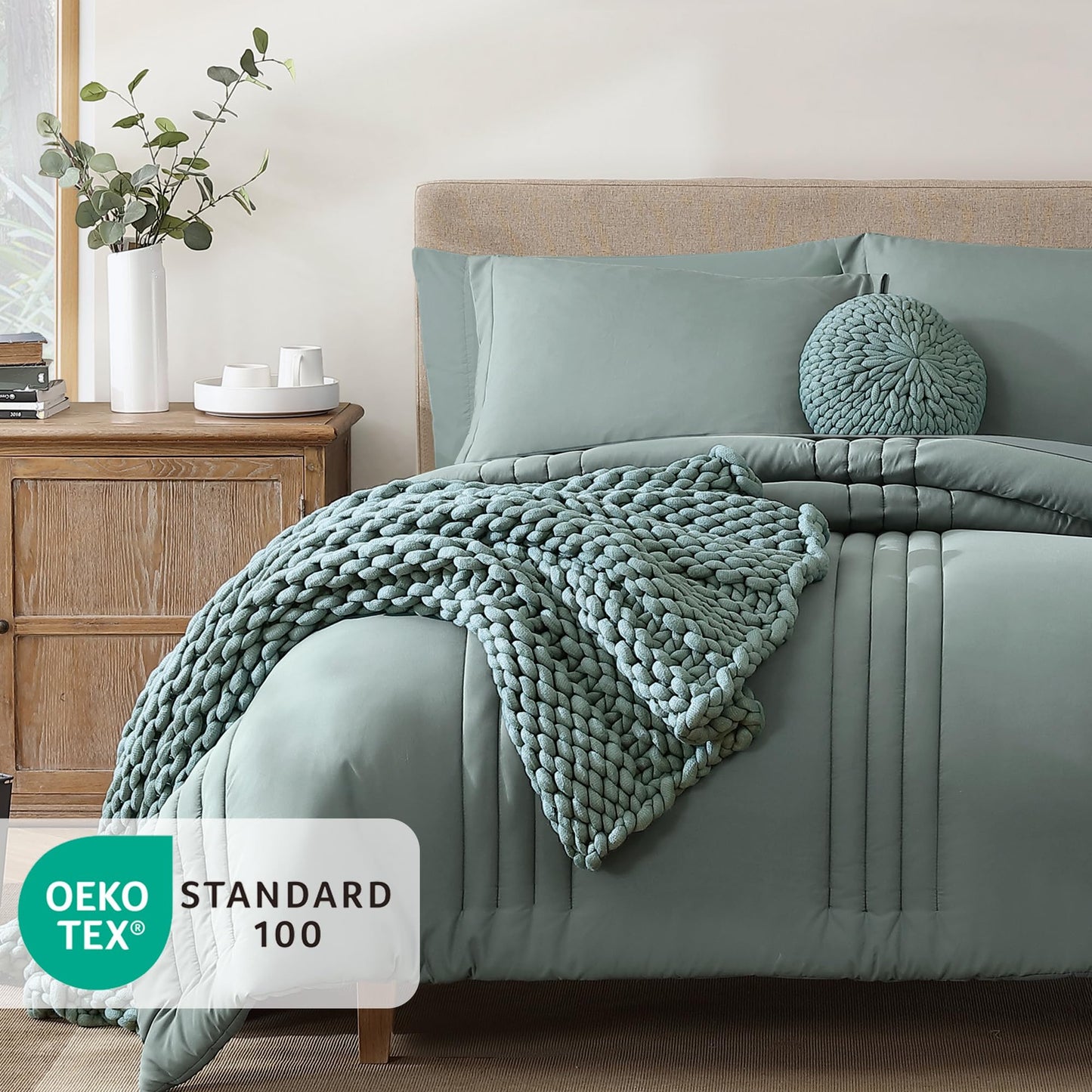 Monbix Queen Comforter Set - 7 Pieces Sage Green Bed in a Bag Queen Bedding Sets with Comforters, All Seasons Down Alternative Comforter Bed Set with Sheets,Pillowcases & Shams