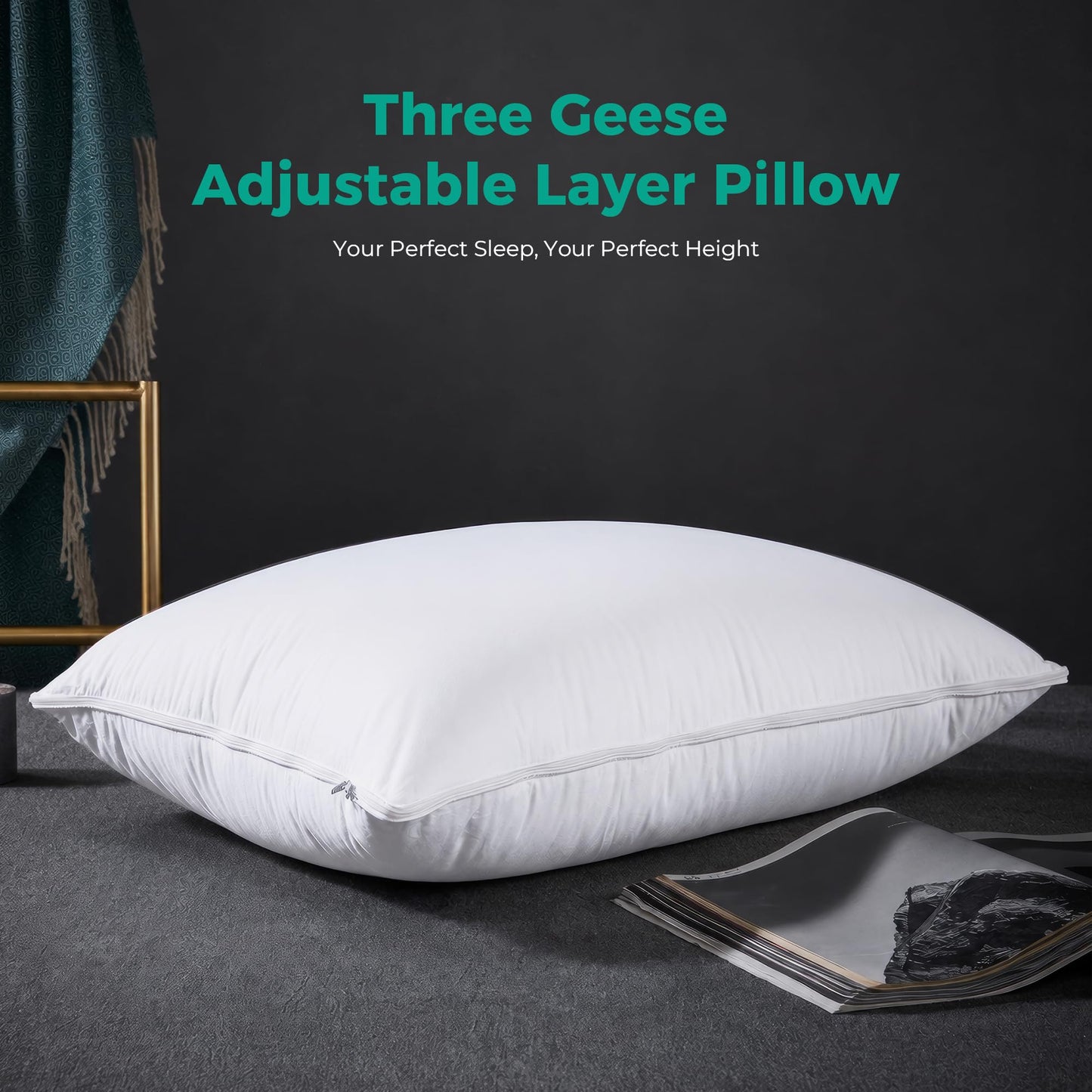 Three Geese Adjustable Layer Goose Feather Pillow,Assembled Bed Pillow,100% Soft Cotton Cover,Good for Side and Back Stomach Sleeper, Standard/Queen Size,Packaging Include 1 Pillow.
