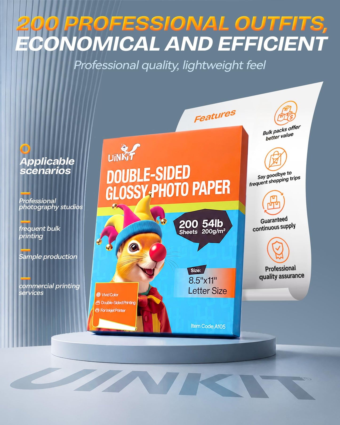 Uinkit 200 Sheets Double Sided Photo Paper Glossy 8.5x11 54lbs Inkjet for Dye Ink 200Gsm Value Bulk Pack Picture 8.5 x 11 9.5Mil for Inkjet Printing Printer