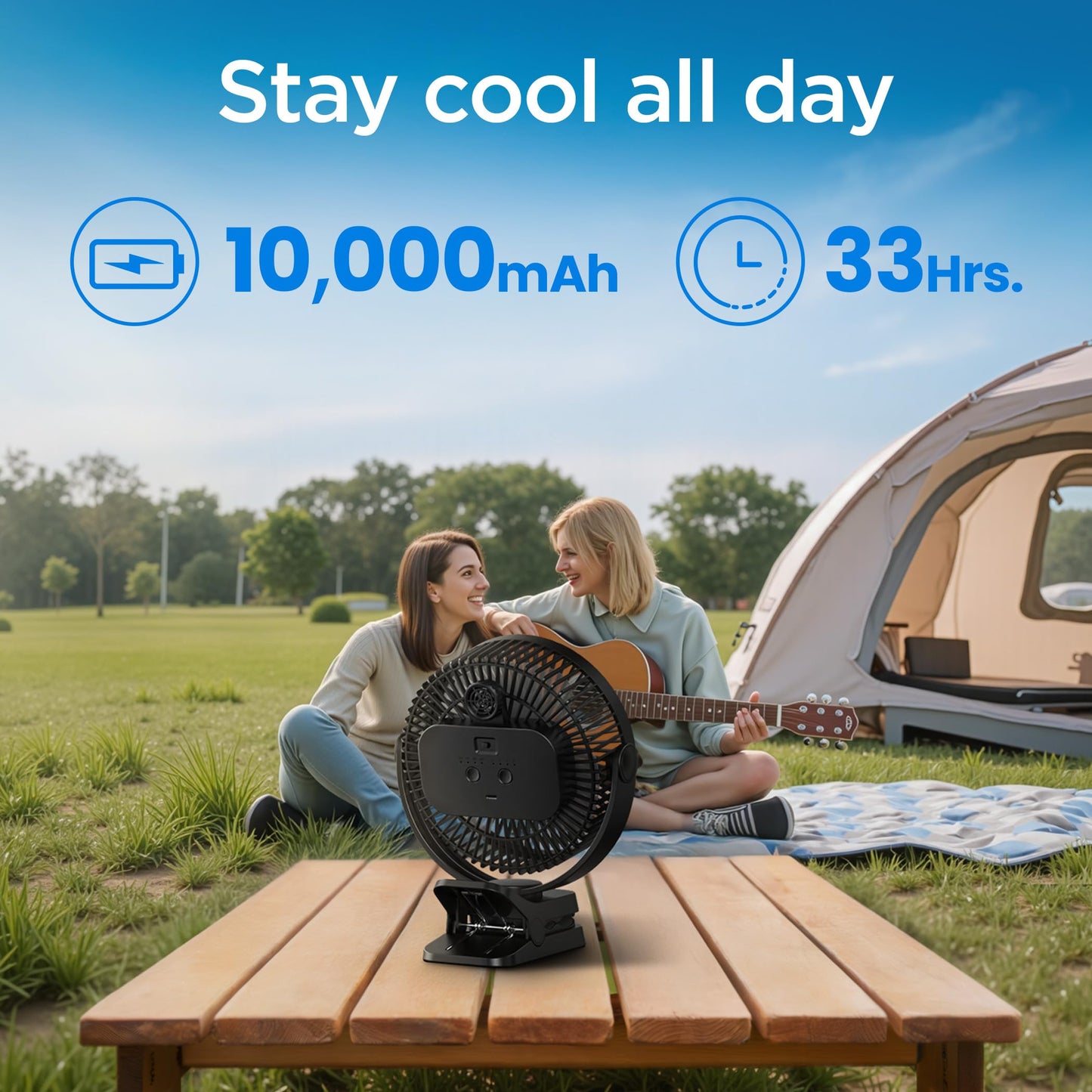 EasyAcc 10000mAh Desk Clip on Fan, Max 37 Hours Portable Rechargeable Fan,with 5 Speeds,Digital Display, Strong Airflow Sturdy Clamp, for Camping Tent Golf Cart Treadmill Travel 8-Inch Black