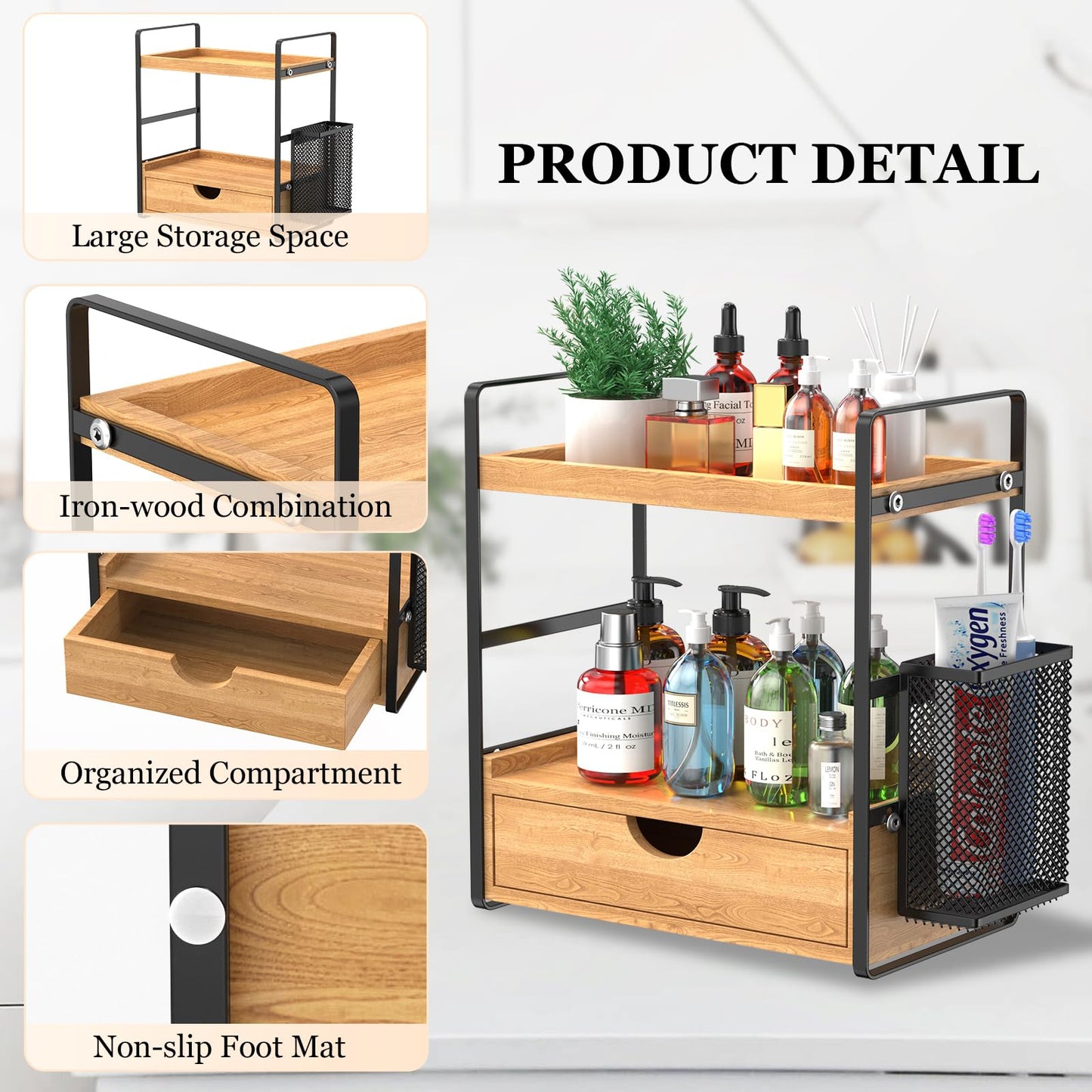 LEMIKKLE 2-Tier Bathroom Counter Organizer with Drawers and Baskets, Multi-Purpose Makeup Organizer Countertop, Large Skincare Organizers, Exquisite Vanity Organizer，Wood