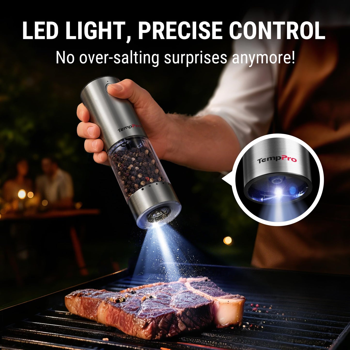 TempPro Electric Salt and Pepper Grinder Set with External Adjustable Coarseness, 100ml Rechargeable Salt and Pepper Shaker with LED light, Stainless Steel Automatic Pepper Mill (Previously ThermoPro)