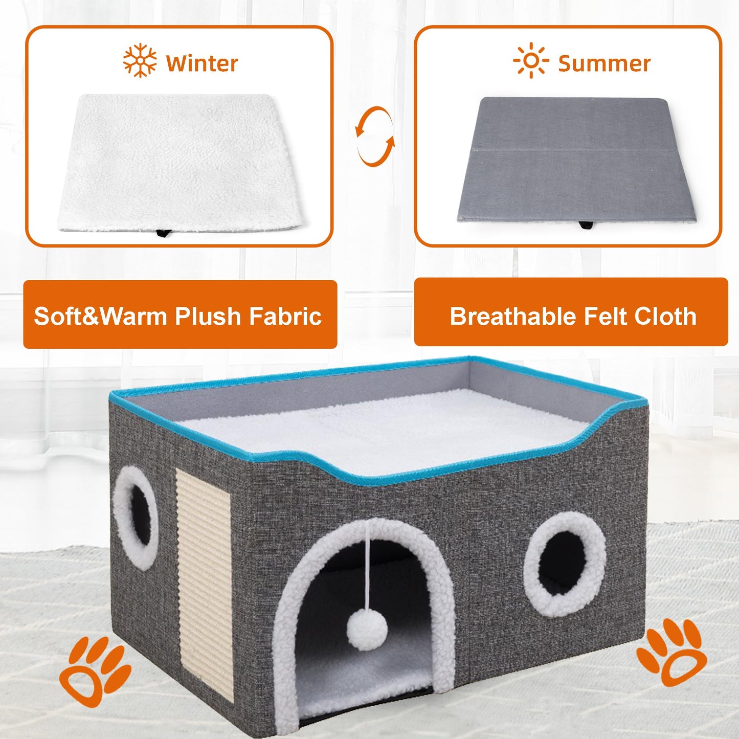 Loyareal Cat Houses for Indoor Cats - Large Cat Bed Cave for Cat House with Scratch Pad and Fluffy Ball, Foldable Cat Hideaway with Reversible Cushion Cat Condo for Multi Small Pet, Light Grey