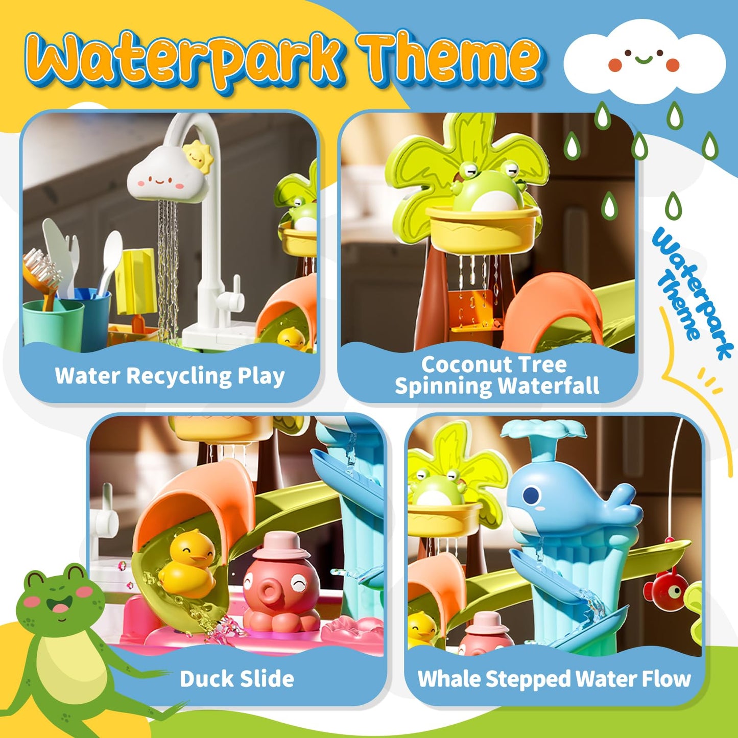 21" H Play Sink with Running Water, 4-in-1 Kids Kitchen Sink Toy with Electric Faucet, Mini Water Table with Detachable Legs, Fishing Game, Pretend Play Dishwasher Gift Set for Boys & Girls(Pink)