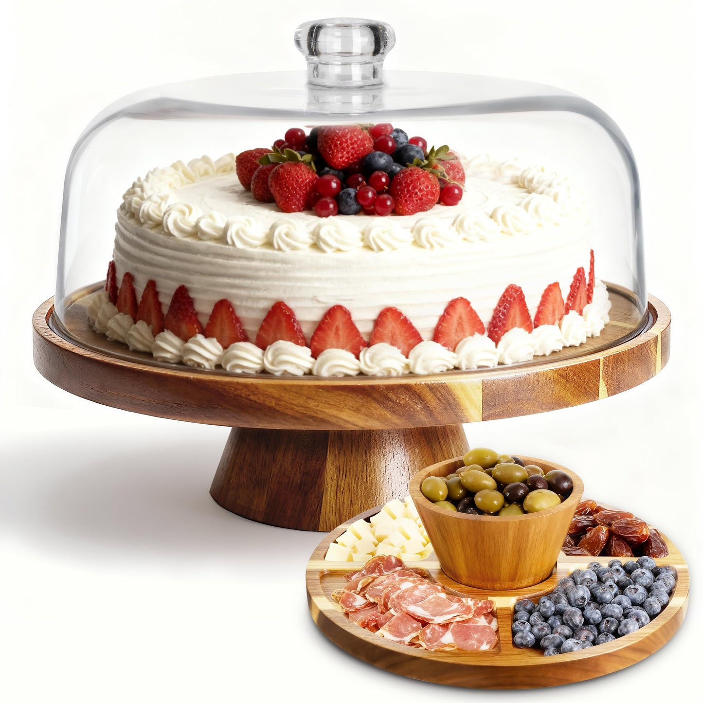 VALESKA Acacia Wood Cake Stand with Dome Lid, 2-in-1 Dessert Table Display Set & Charcuterie Board with 12In Acrylic Lid, Serving Platter, Fruit Platter, Cake Plate