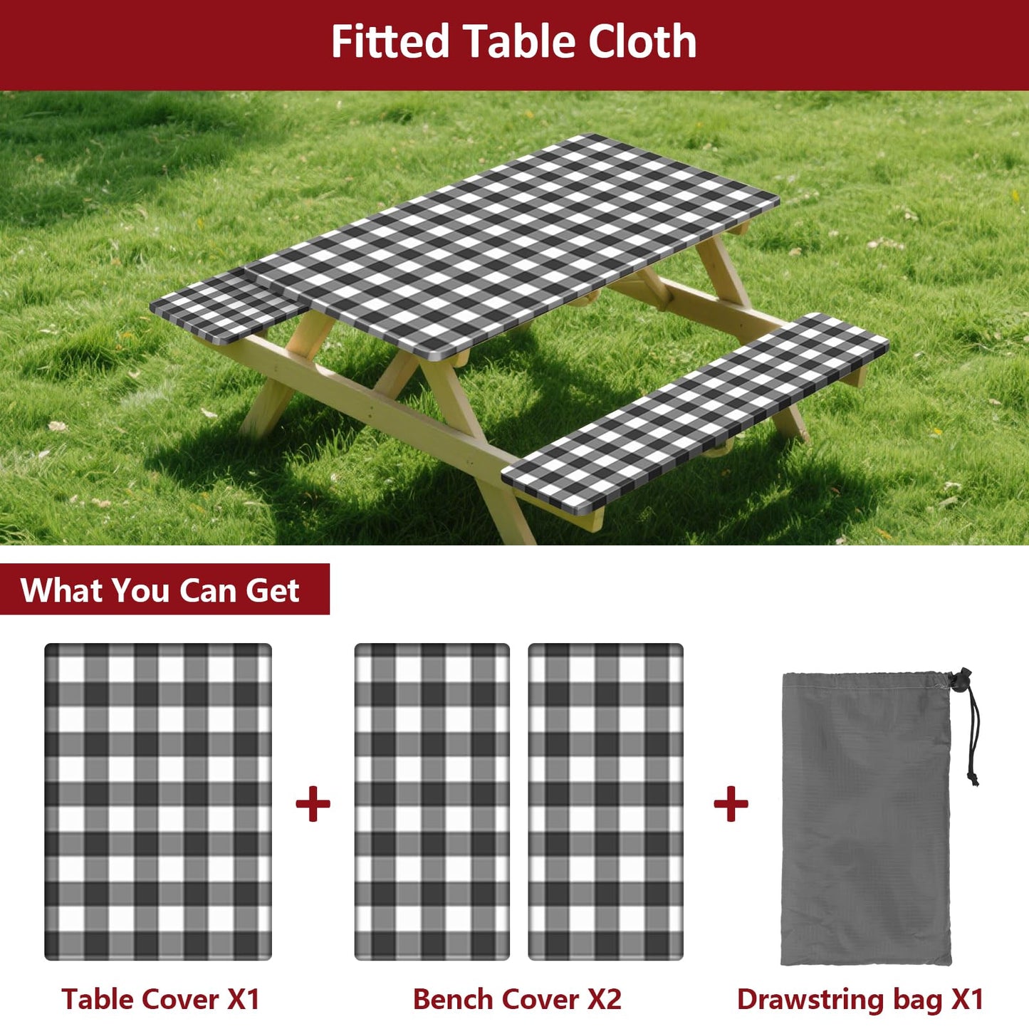 KENOBEE 8ft Picnic Table and Bench Cover, Camping Essentials RV Gear, 96 in Waterproof Windproof Outdoor Elastic All Around Tablecloth, Fitted Rectangle Tables and Seats, Black-White Checkered