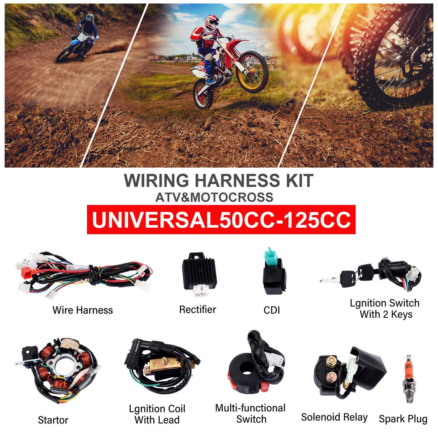 BTRLIACY Complete Electrics Stator Coil CDI Wiring Harness Spark Plug Quad Wire Harness Set for 50cc 70cc 90cc 110cc 4 Stroke ATV Bike Buggy