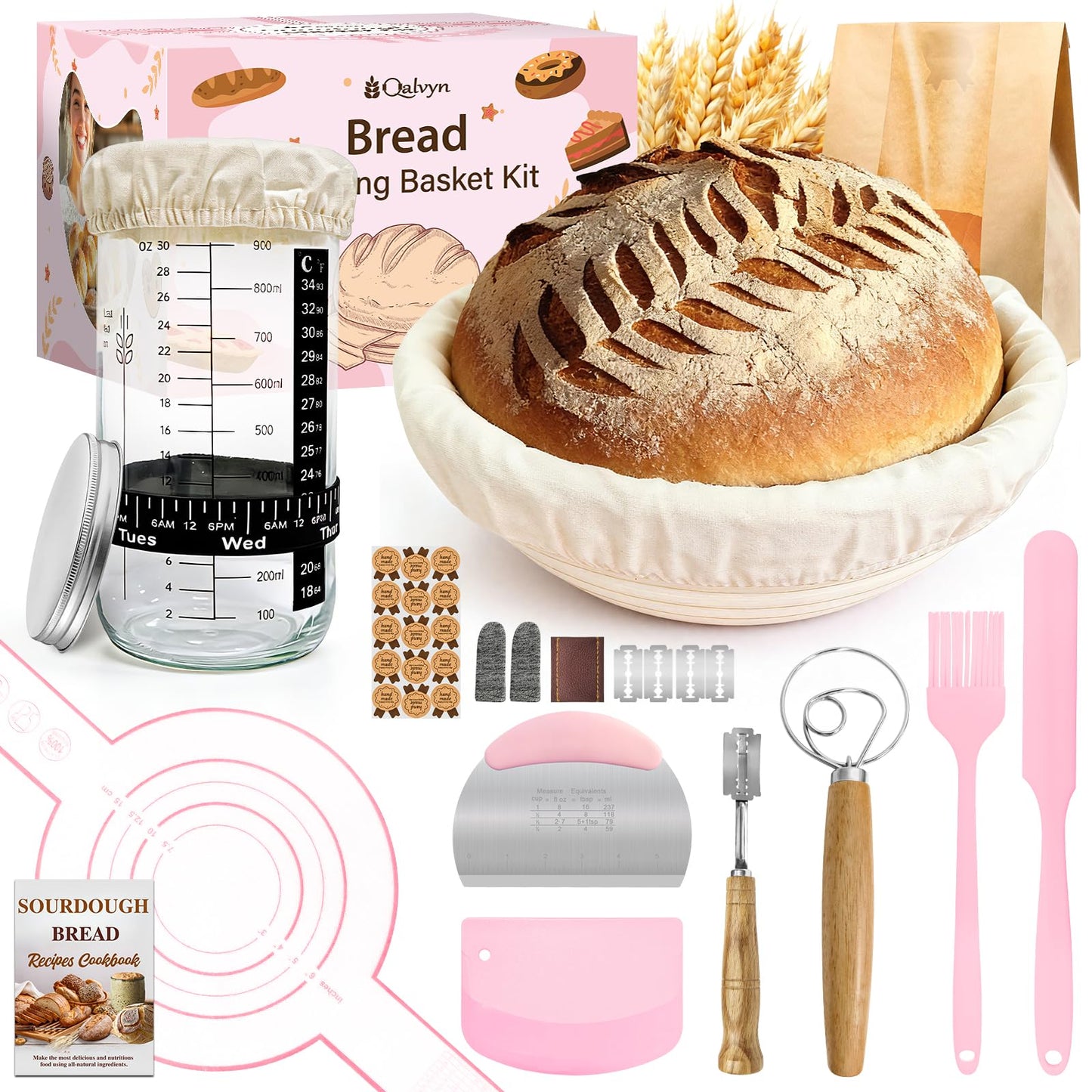 Beginner Sourdough Starter Kit, Sourdough Bread Baking Supplies, Bread Proofing Basket Set with Glass Sourdough Starter Jar, Sour Dough Bread Making Tools Kit Baking Gifts for Women Mom Wife