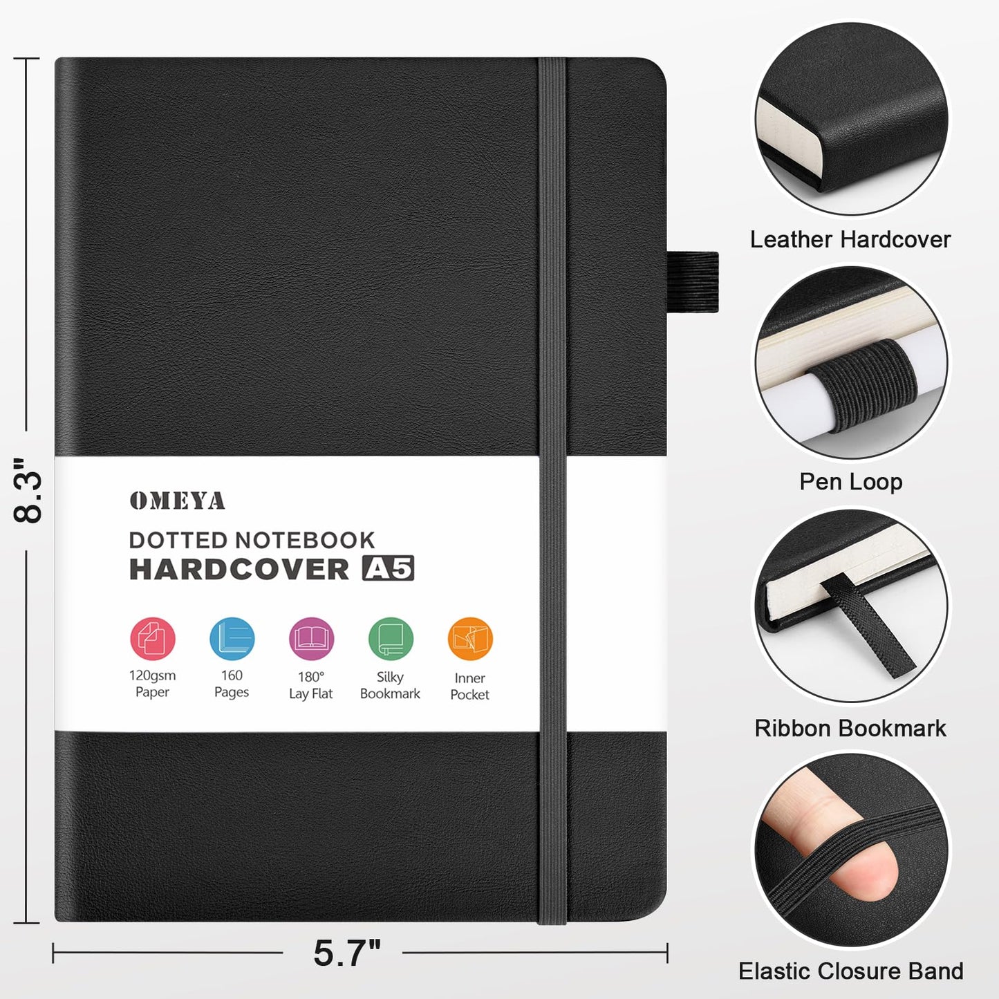 Bullet Dotted Journal Notebook 8 Pack: 160 Pages Per Pack, A5 Medium Size(5.75" × 8.38"), 120 GSM Thick Paper, Leather Dotted Notebook, Hardcover Dot Grid Notebook, Dot Journal for Wrting, Gift