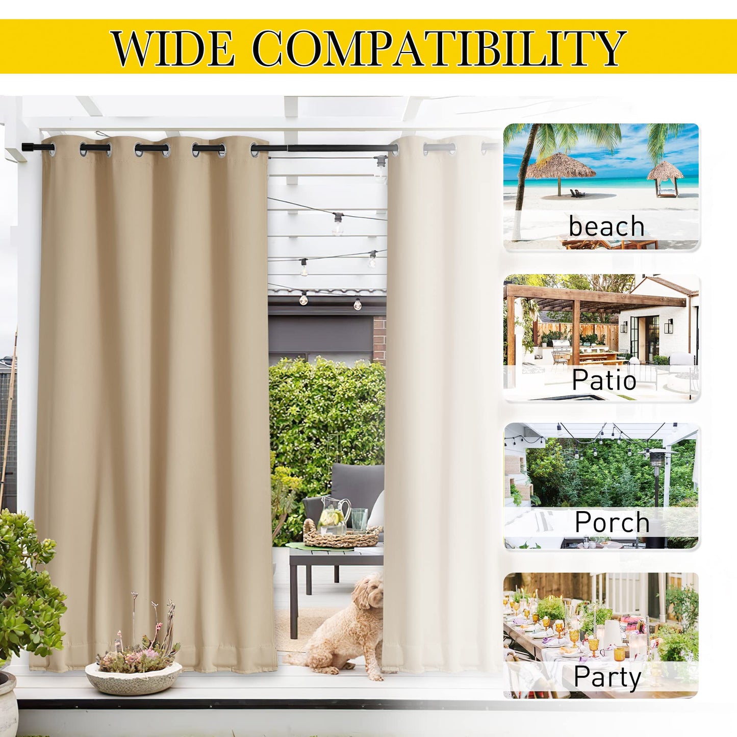 NICETOWN Outdoor Curtains 84 Inches 2 Panels for Gazebo, Waterproof Light Blocking Thermal Insulated Grommet Top Back Tab Bottom Weighted with Fixed Rope, Biscotti Beige, 52 Inches Width
