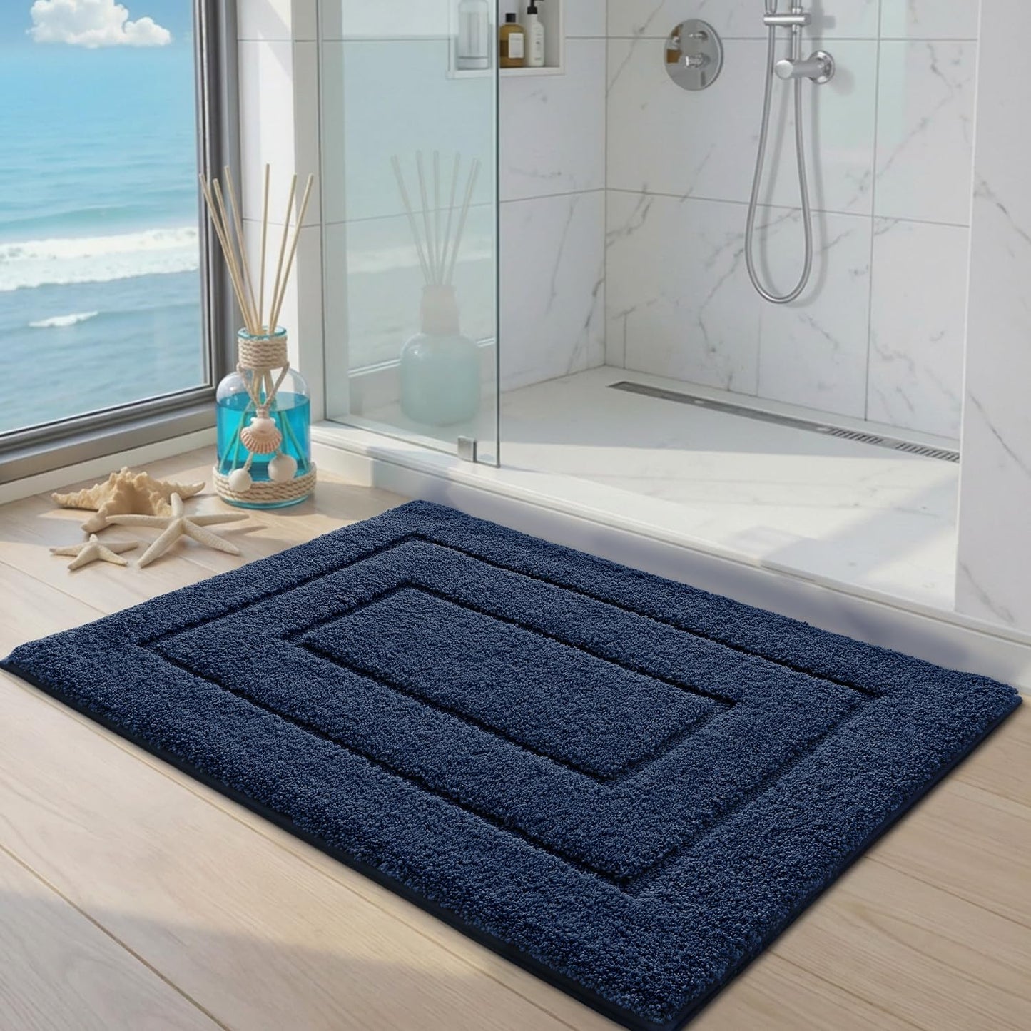 DEXI Bath Mat Non Slip, 24x36 Absorbent Microfiber Soft Bathroom Rug, Machine Washable Carpet for Shower Floor Bathmat Decor, Navy