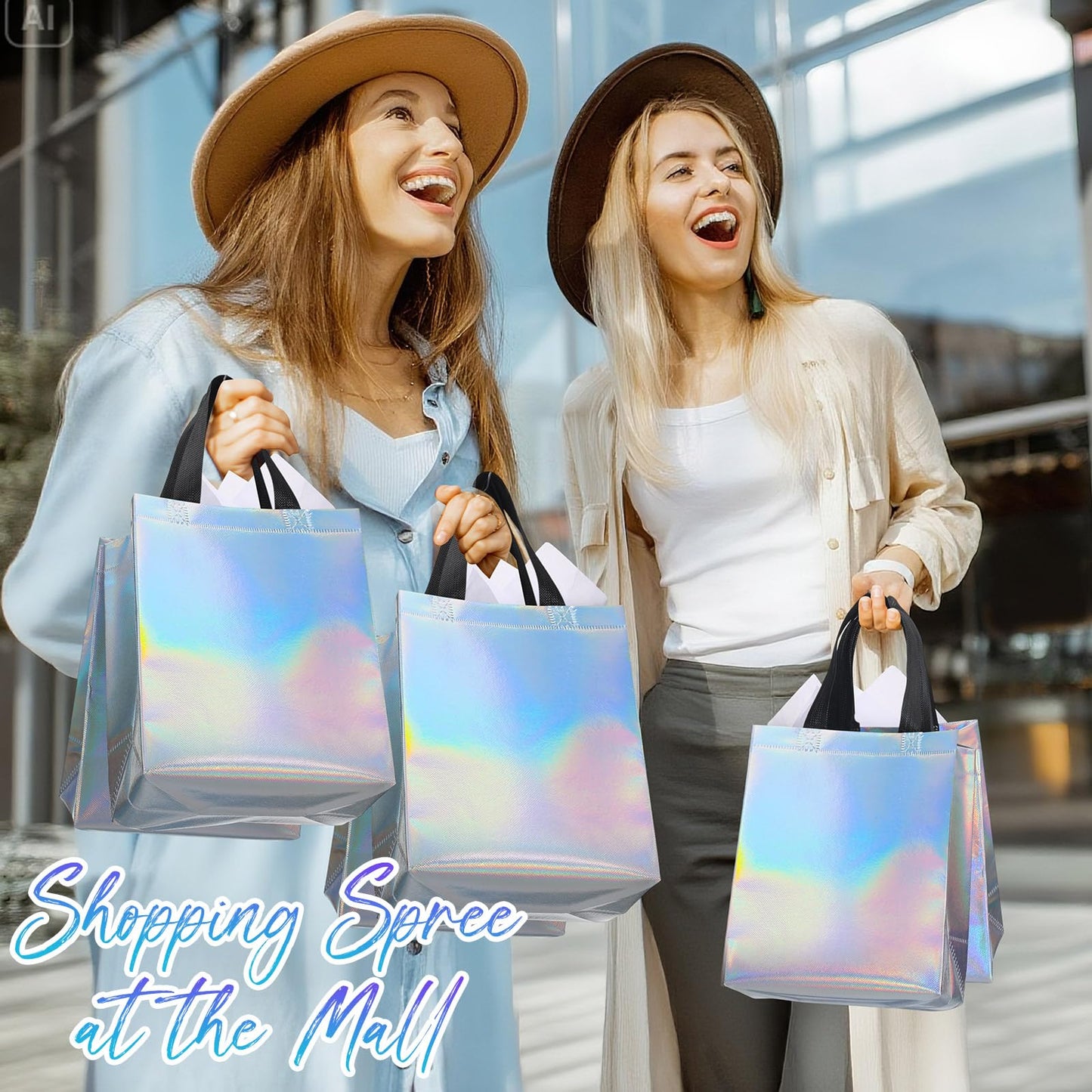 Eccliy 60 Sets Reusable Gift Bags with Tissues Papers, Glossy Non Woven Tote Bags with Handles, Bright Grocery Tote for Pooja, Halloween, Christmas(Iridescence)