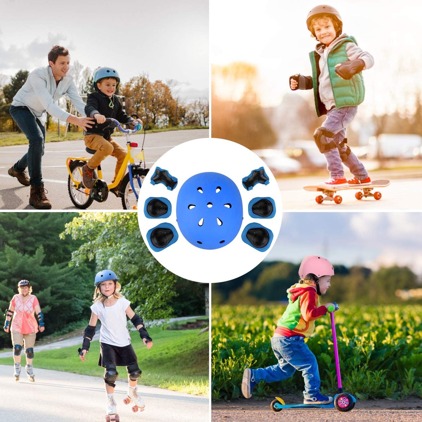 Helmet Pad Set, Kids Bike Helmet Set Skateboard Knee Pads, Protective Gear Set Adjustable for Girls Kids 3-10 Years Old (Blue)