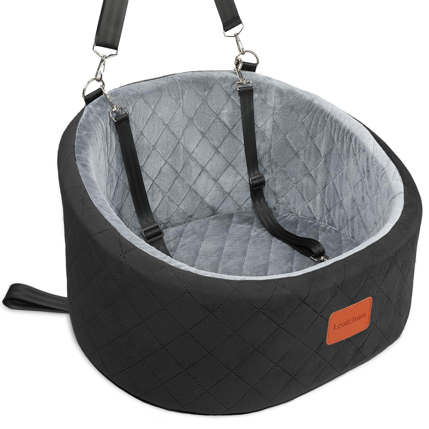Lealchum Dog Car Seat Up to 30 lb Dogs, 2 Adjustable Safety Dog Leashes, Pet Washable Travel Car Seat with Non-Slip Bottom, Easy to Install and Removable, Covered with Soft Fabric (Black/Grey, Small)