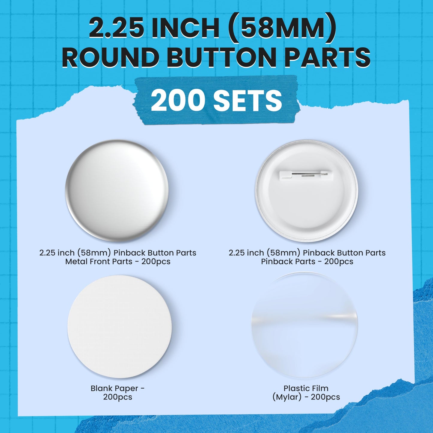 Nice2Have 200 Sets of Pinback Button Parts 2.25 inch (58mm) - Button Maker Supplies for Button Maker Machine