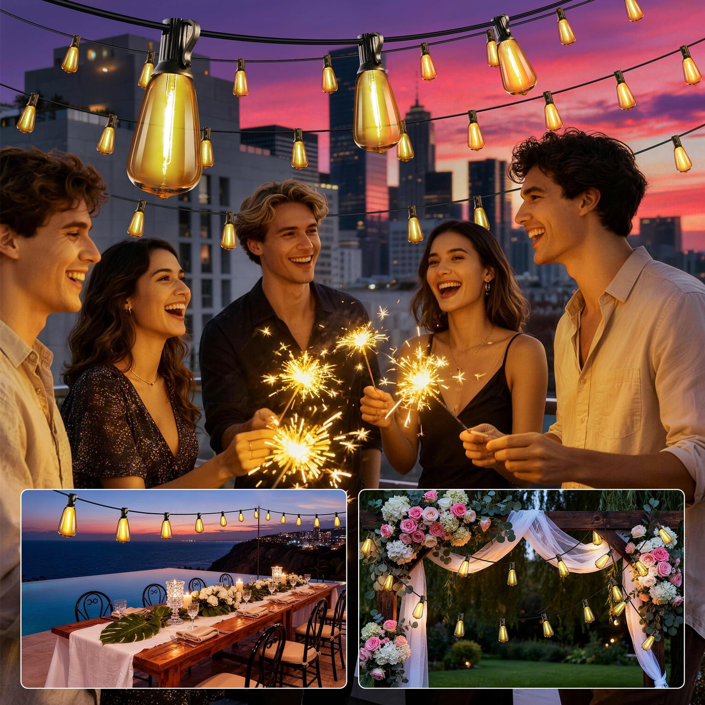 Lomotech Solar String Lights Outdoor Waterproof, 50FT 17+2 LED Shatterproof ST38 Bulbs, Solar String Lights with Remote & Timer, USB & Solar Powered Patio Lights for Outside Backyard Garden Porch