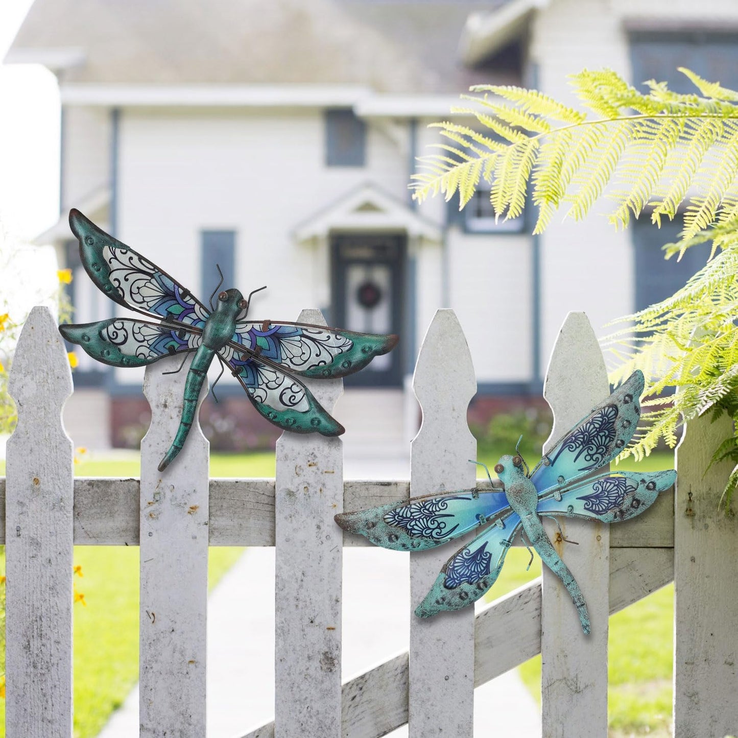 LIFFY Glass Metal Dragonfly Wall Decor a Pair - Outdoor Dragonfly Wall Art - Hanging Metal Dragonfly Decor for Garden and Home Decor - Dragonfly Gifts for Women