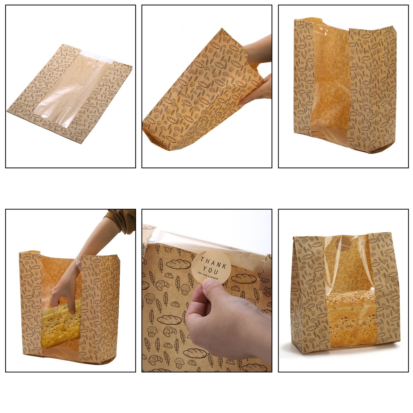 Hacaroa 100 Pack Paper Bread Bags with Clear Window, 10.8"x10"x4" Kraft Bakery Bags with 100 Stickers, Brown Toast Packaging Bags for Homemade Bread, Cookie