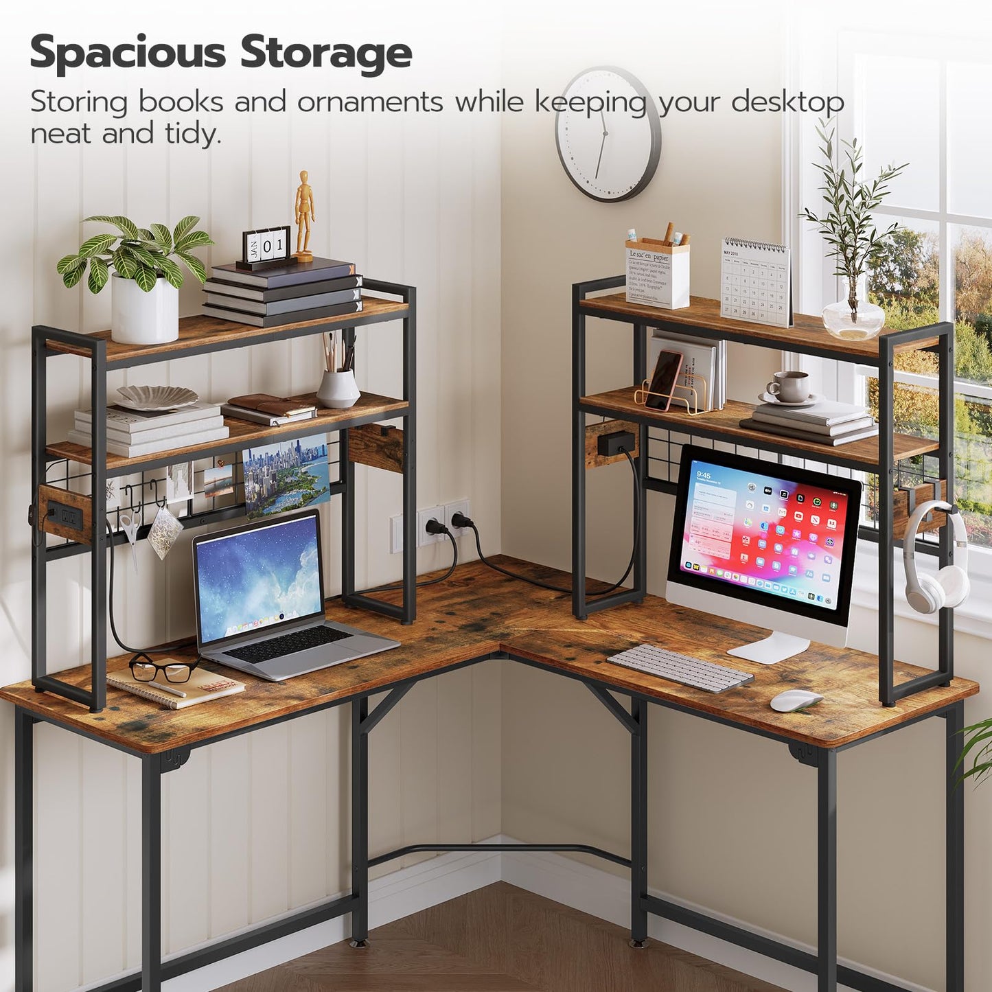 HOOBRO Desktop Bookcase, 2-Tier Office Desktop Organizer, 29.9" Wooden Storage Rack with Outlets, Display Shelf Rack with Light Strip, Desk Hutch for Office, Rustic Brown BF11UDSJ01