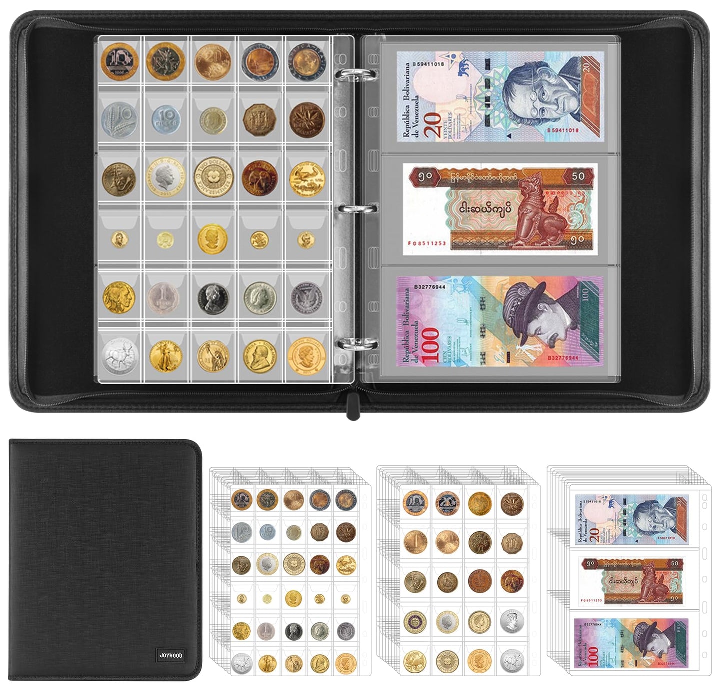 JoyHood Coin Collection Book Holder for Collectors, Money Storage Binder Hold 400 Coins Pockets + 15 Bills Pockets, Coin Organizer Book for Coin Currency Collection Supplies