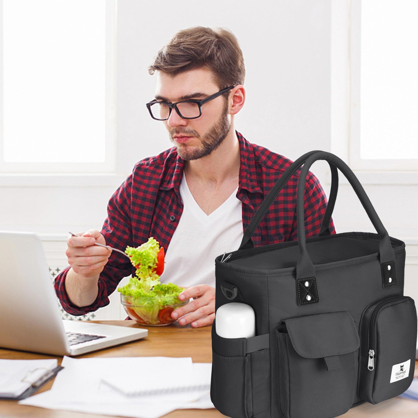 Hafmall Large Insulated Lunch Bag for Women Men, Leakproof Wide Opening Lunch Box for Adults, Reusable Lunch Tote Bag with Shoulder Strap, Womens Lunch Bag for Work, Picnic, Black