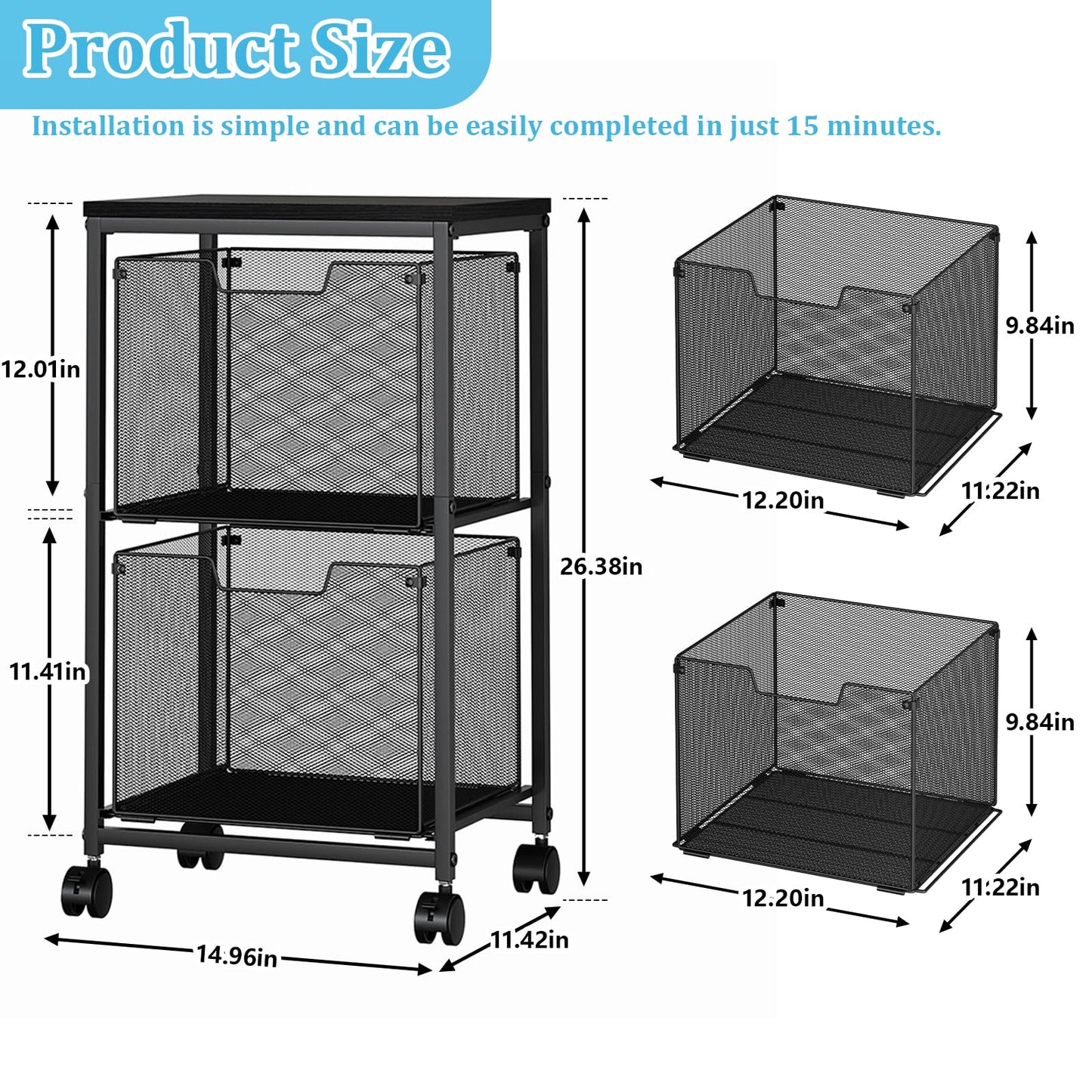 Sbanmao Rolling File Cart with 2 Storage Drawers, File Cabinet with Wheels, Hanging File Folder Organizer, Under Desk Storage, Printer Stand Utility Cart Filing Cabinet for Home Office,Black
