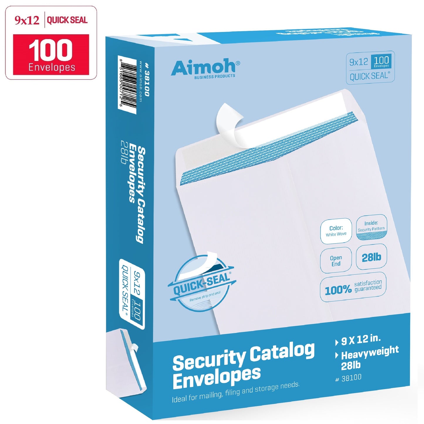 Aimoh 100 9 x 12 SELF Seal Security White Catalog Envelopes - 28lb - Security Tinted, Ultra Strong Quick-Seal, 9x12 inch (38100)