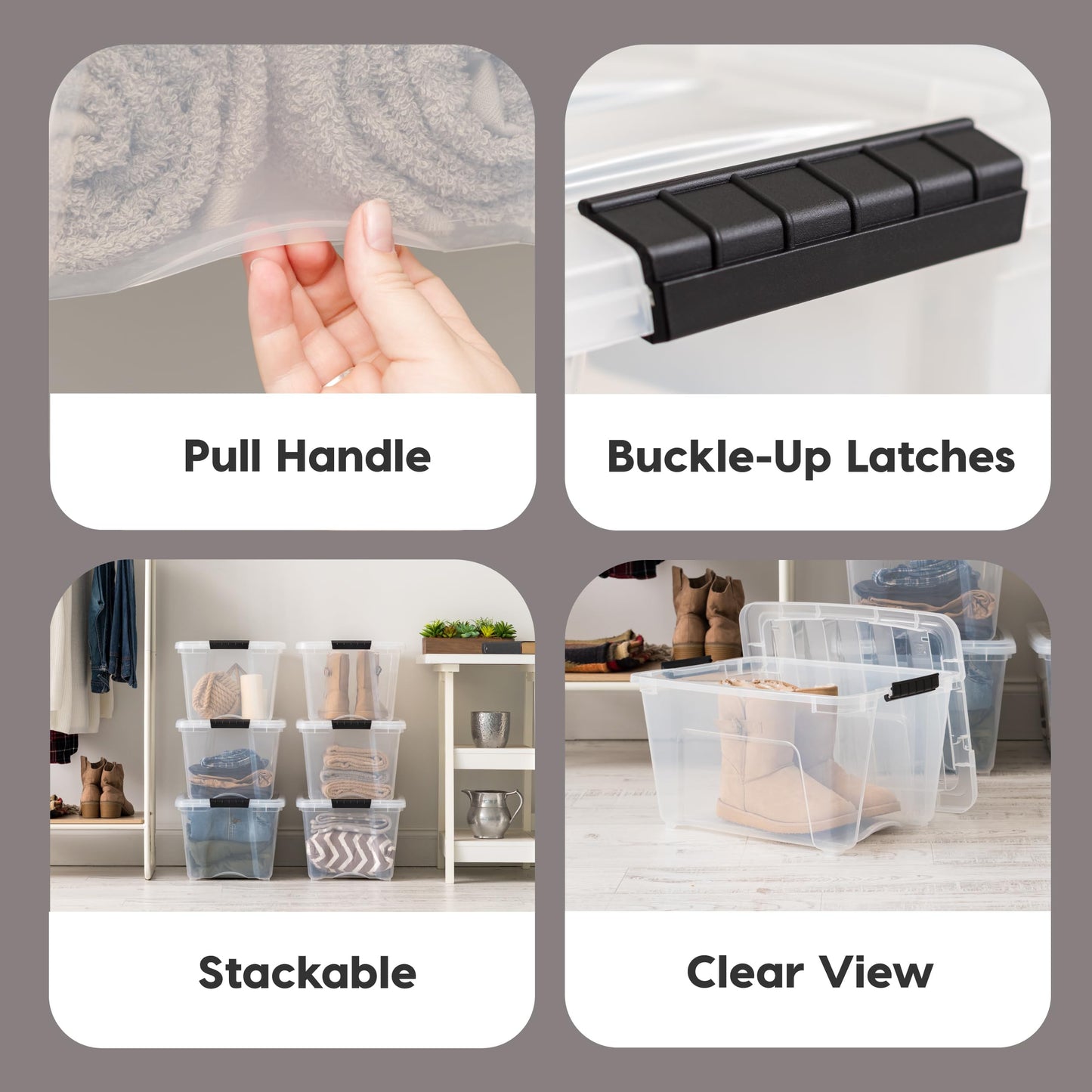 IRIS USA 30 L Plastic Storage Box with Lid and Latches - 4 Pack - BPA-Free, See-Through Organizing Solution, Durable Nestable Stackable Containers, Secure Pull Handle - Clear