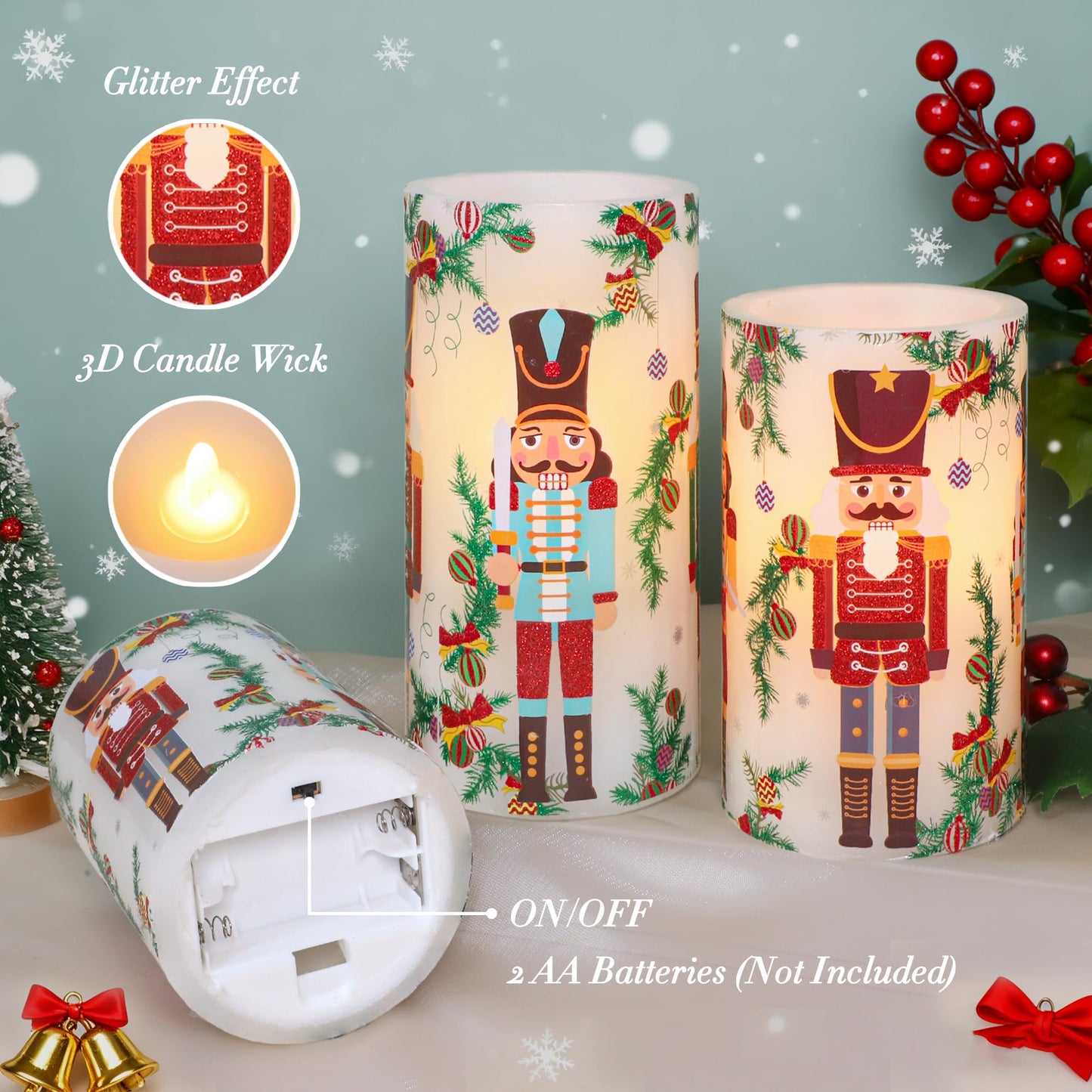 Crystal Club Christmas Flameless Candles Battery Operated, Holiday Nutcracker LED Candles with Remote, Realistic Pillar Candles for Xmas Tree, Mantel, Home Decor, Set of 3