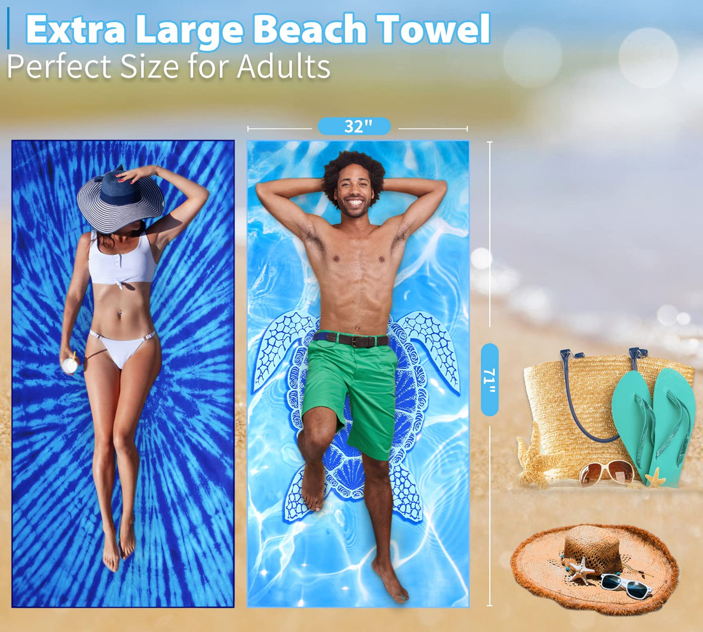 4 Pack Lightweight Thin Beach Towel Oversized 71"x32" Big Extra Large Microfiber Sand Free Towels Quick Dry for Swim Travel Camping Sports Beach Accessories Vacation Essential Gift