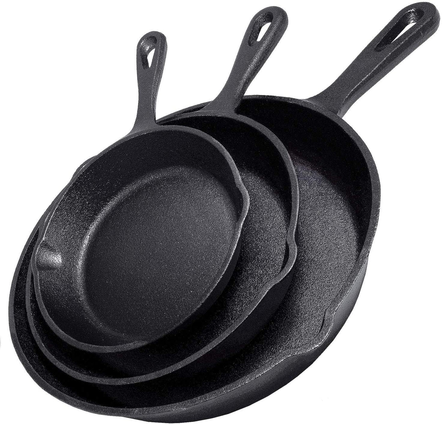 Simple Chef Cast Iron Skillet 3-Piece Set - Heavy-Duty Professional Restaurant Chef Quality Pre-Seasoned Pan Cookware Set - 10", 8", 6" Pans - for Frying, Saute, Cooking, Pizza & More,Black