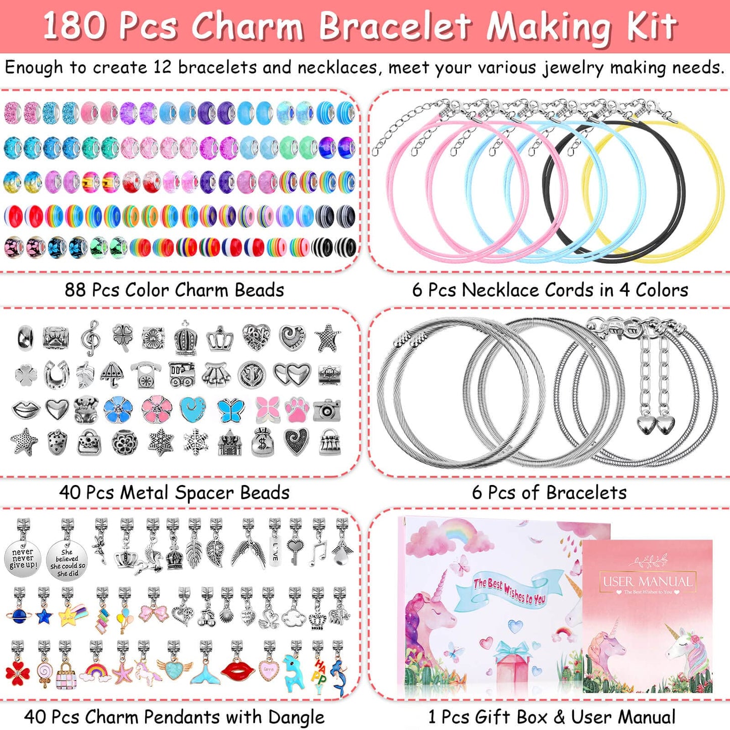 180 Pcs Charm Bracelet Making Kit for Girls, Mckanti Unicorn Mermaid Crafts Gifts Set Charm Bracelets Kit DIY Jewelry Making Supplies with Beads, Pendant, Bracelets, Necklace Cords for Teens Girls
