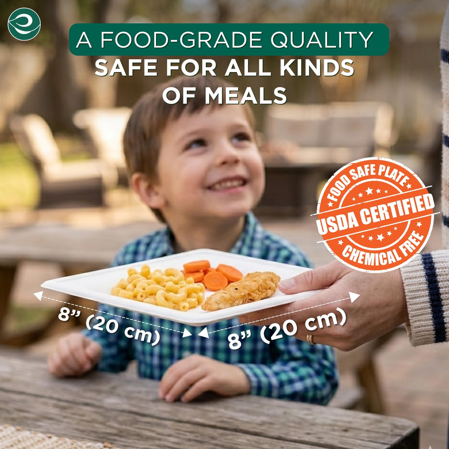 ECO SOUL 8 Inch Compostable Disposable Paper Plates [200 Pack] Food Safe 100% Virgin Bagasse Pulp Heavy Duty Biodegradable Microwave Safe Large Square Dinner Plate for Party, Picnic & BBQ (White)