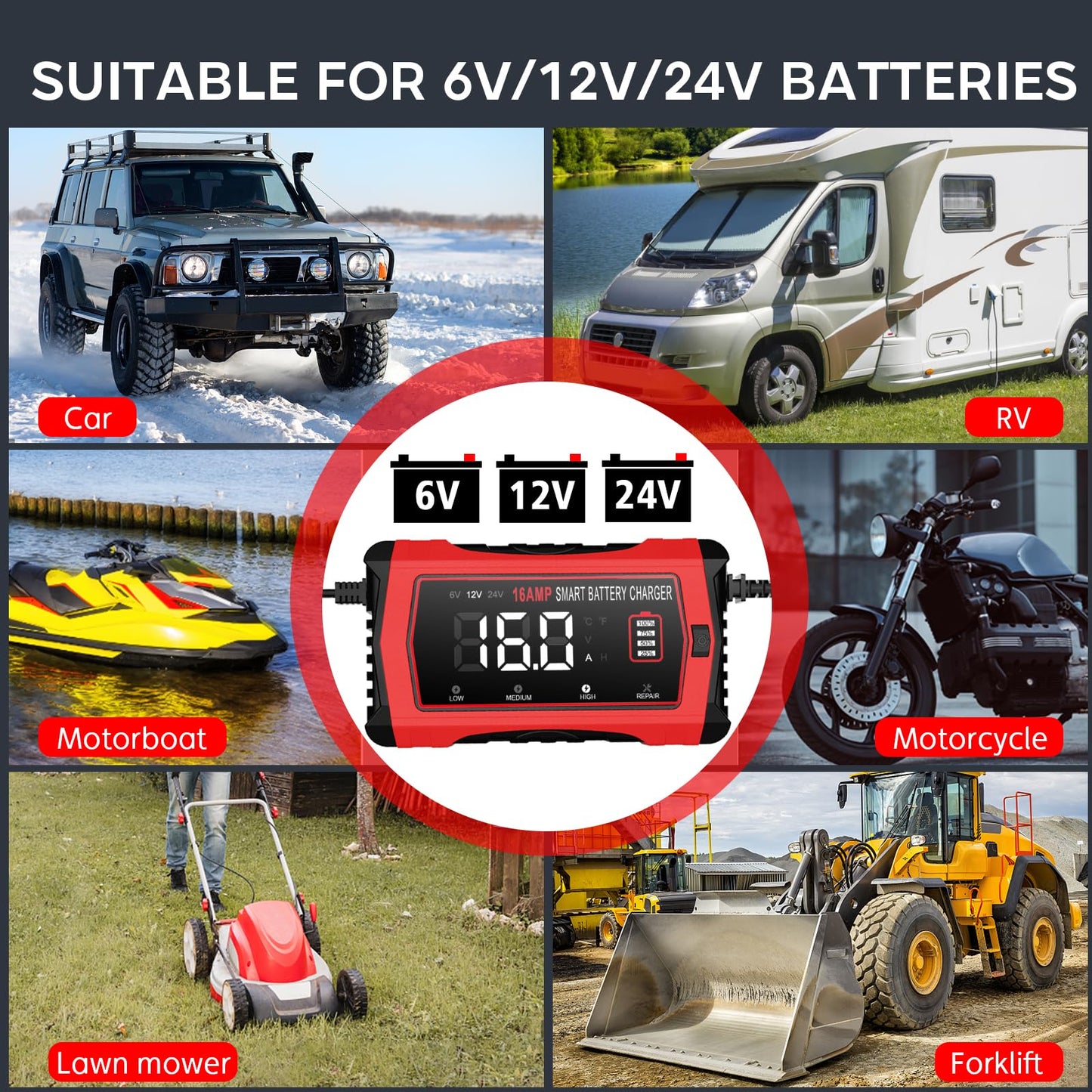 Haisito 16-Amp Smart Battery Charger (6V/12V/24V), Fully Automatic Trickle Charger Maintainer & Desulfator for Car Boat RV - Supports Lithium LiFePO4, AGM, Gel, Deep Cycle Lead-Acid Batteries