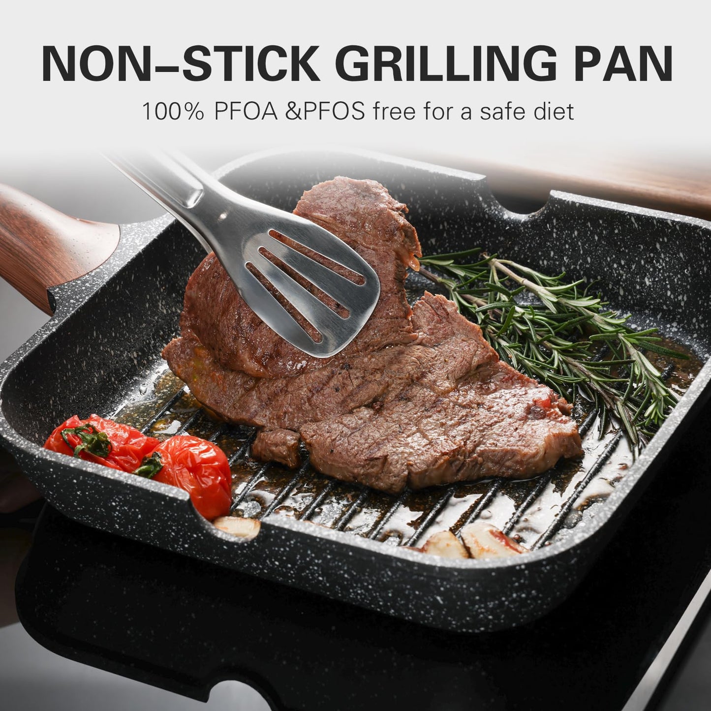 Kordisen Nonstick Grilling Pan for Stove Tops, 9.5 Inch Square Grill Pan for Indoor Cooking, Granite Coating Grill Skillet with Pour Spouts, Versatile Griddle, Induction Steak Pan, PFOA Free