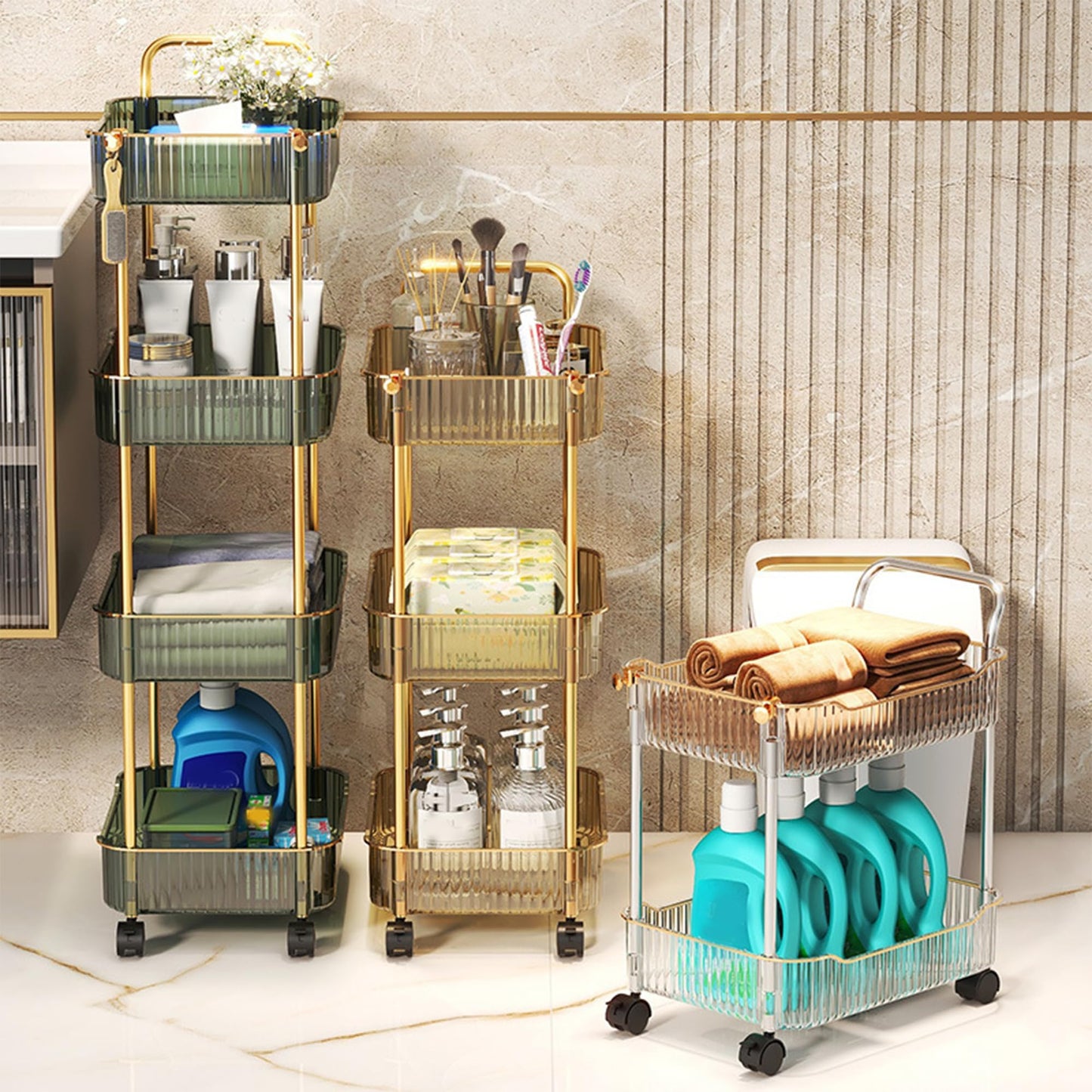 Acrylic Utility Cart, 2 Tier Rolling Trolley with Lockable Wheels Storage Organizer for Kitchen Bathroom Laundry Snack Book,Gold,2 Tier