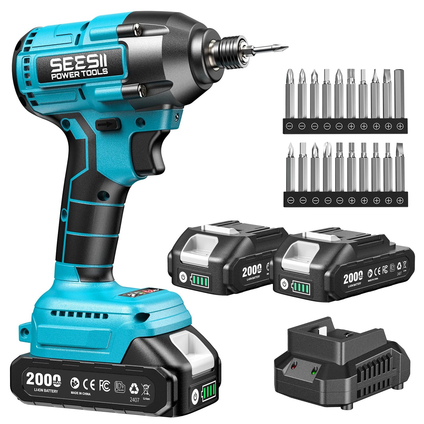 Seesii 21V Impact Driver, Electric Screwdriver with a Maximum Torque of 180N.m,1/4" Cordless Screwdriver with 2 Batteries 2.0Ah,2500RPM Variable Speed,20 Impact Bits & Carry Bag