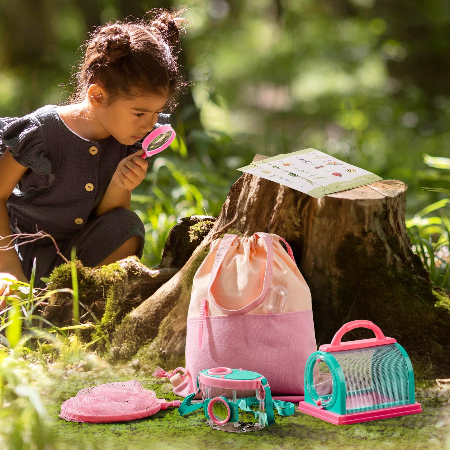 ROBOTIME Kids Explorer Kit & Bug Catcher Kit for Kids, 10PCS Bug Catcher Kit, Bug Catching Kit, Exploration Set Camping Gear for Toddlers, Outdoor Adventure Toys Gift for Girls 3-12 (Pink)