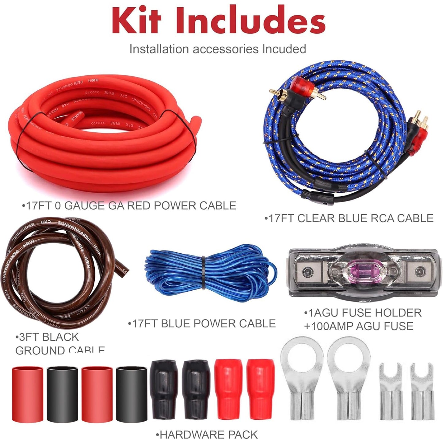 0 Gauge Car Amp Audio Wiring Kit – Welugnal 3000W Car Amplifier subwoofer Wiring Install kit for Your Radio, Subwoofers and Speakers Amp Power Wire，0 Gauge Wire OD：0.33"