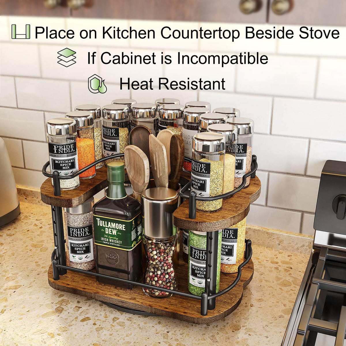 Lazy Susan Organizer Spice Rack - Spice Organization for Cabinet Height Adjustable Rotating Lazy Turntable, Pantry Kitchen Wood Revolving Seasoning Organizer (12 Inch)