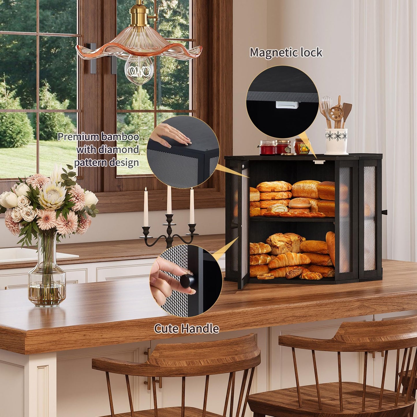 Furshus Corner Bread Box for Kitchen Countertop,Bread Storage for Homemade Bread, Double Layer Large Bamboo Kitchen Storage Bin with Window (Black, Large)