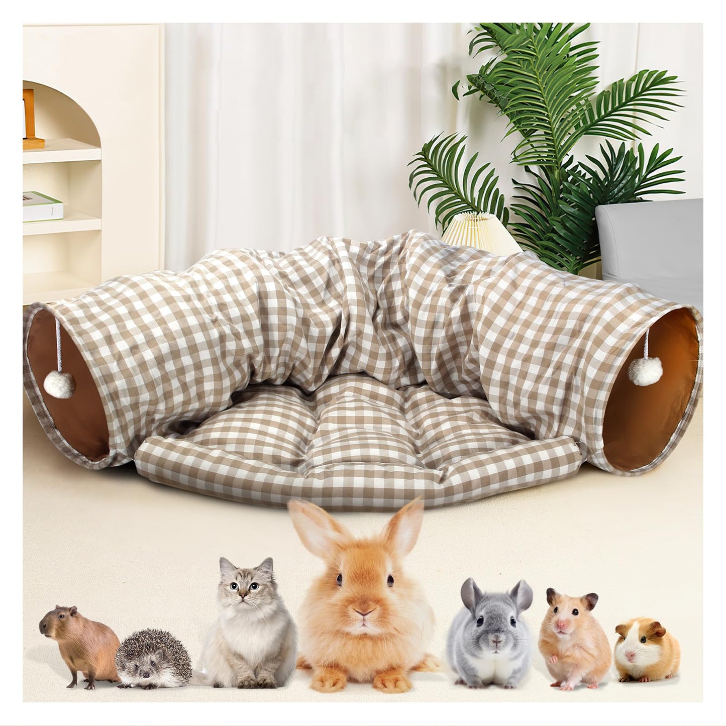 Bunny Tunnel Bed, 2-in-1 Collapsible Tunnel Tubes Toys with Removable Mat Hideout for Cats Kittens Rabbits Guinea Pigs Kitty