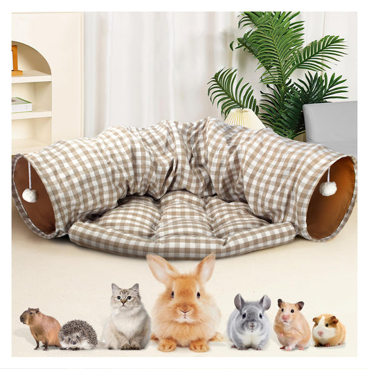 Bunny Tunnel Bed, 2-in-1 Collapsible Tunnel Tubes Toys with Removable Mat Hideout for Cats Kittens Rabbits Guinea Pigs Kitty