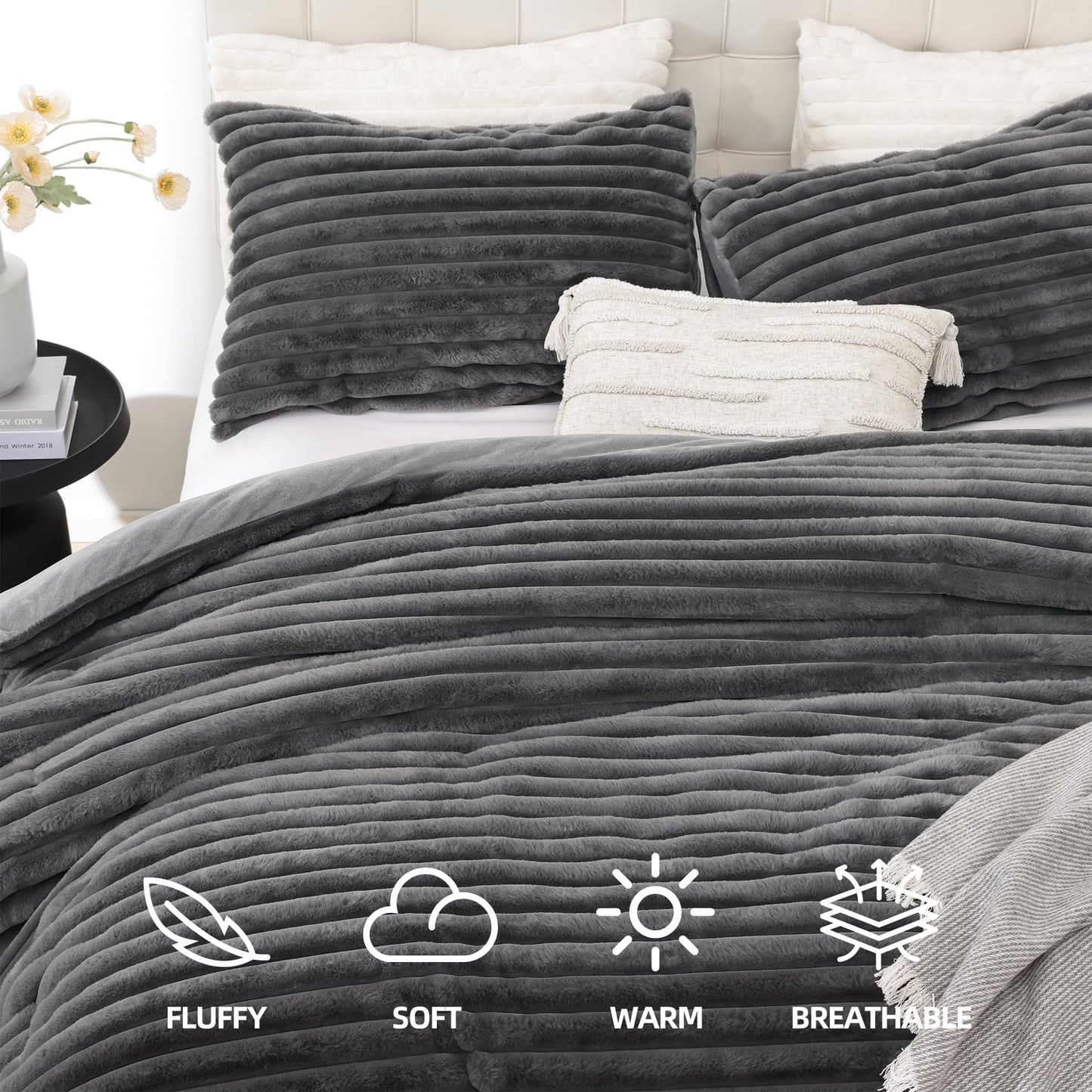 YIKUSH Fluffy King Size Comforter Set 3 Pieces -Dark Gray Fleece Fluffy Comforter, Luxury Fuzzy King Bedding Set, Soft & Warm King Size Bed Set with 2 Pillow Cases